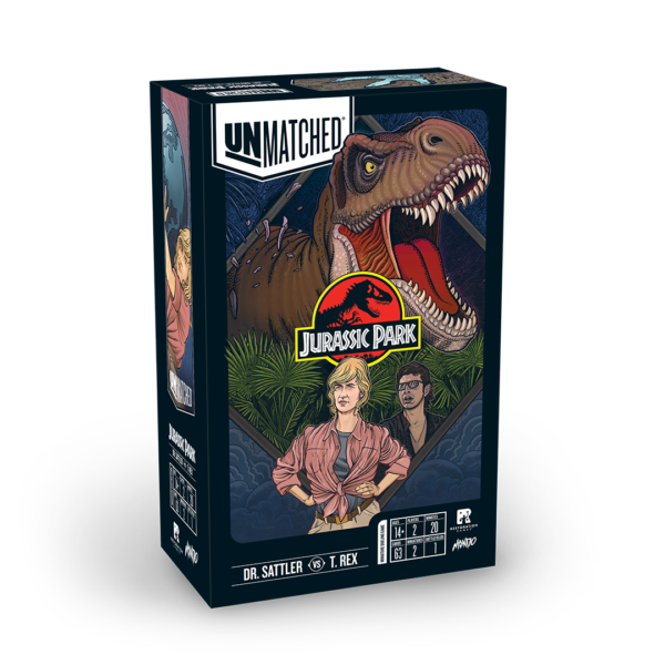 Box top image featuring Drs. Sattler and Malcolm, with the T. Rex above and behind